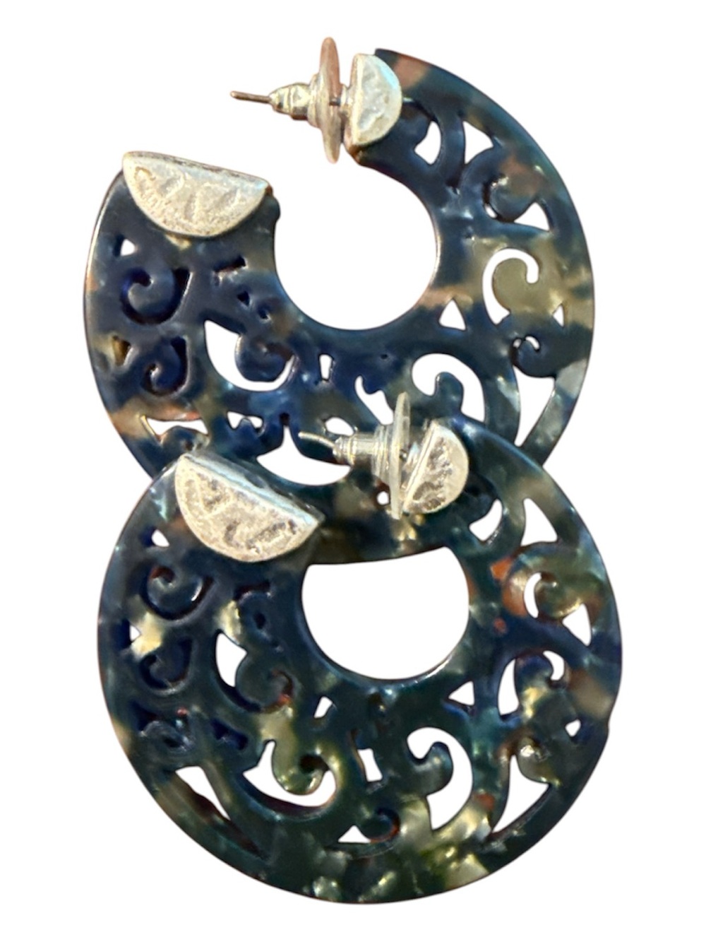 Blue Tortoiseshell Filigree Hoop Earrings - Women Jewelry